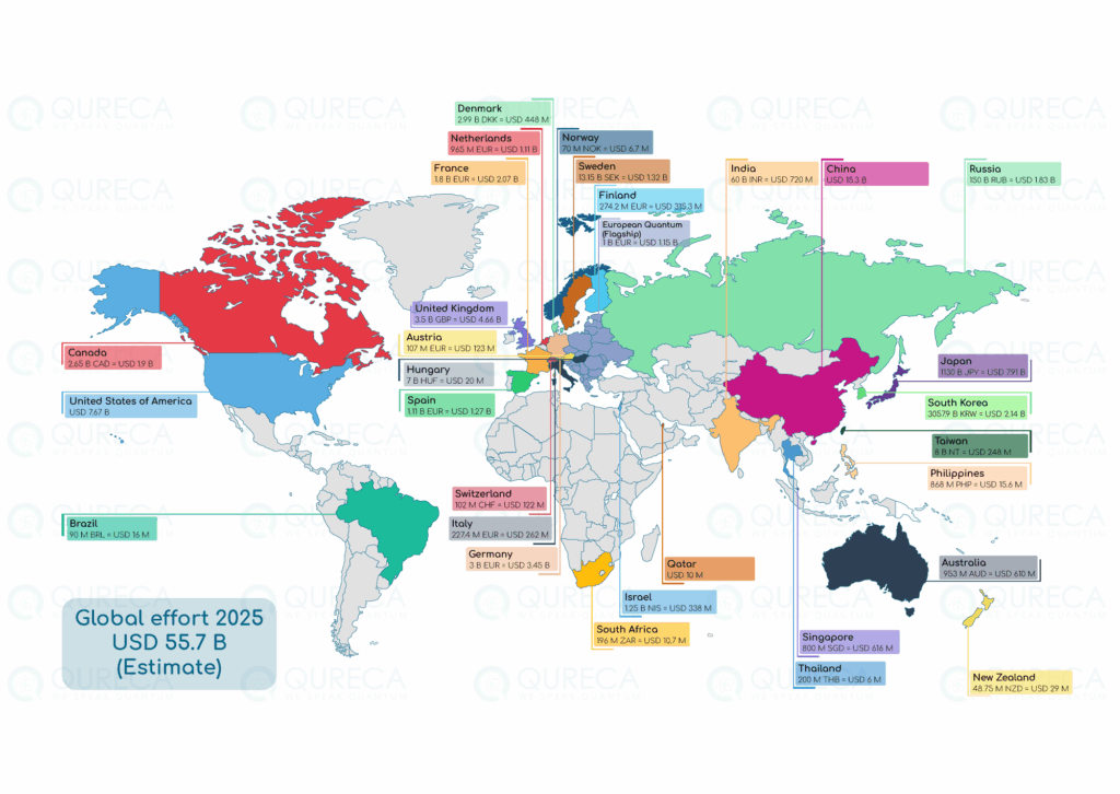 Map showing global quantum investments by country